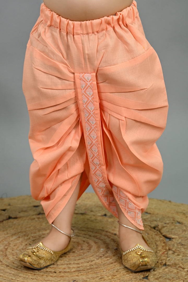 Boys Cotton Silk Geometric Buti Motifs Kurta & Dhoti Set with Waistcoat - Peach | SHOBITAM