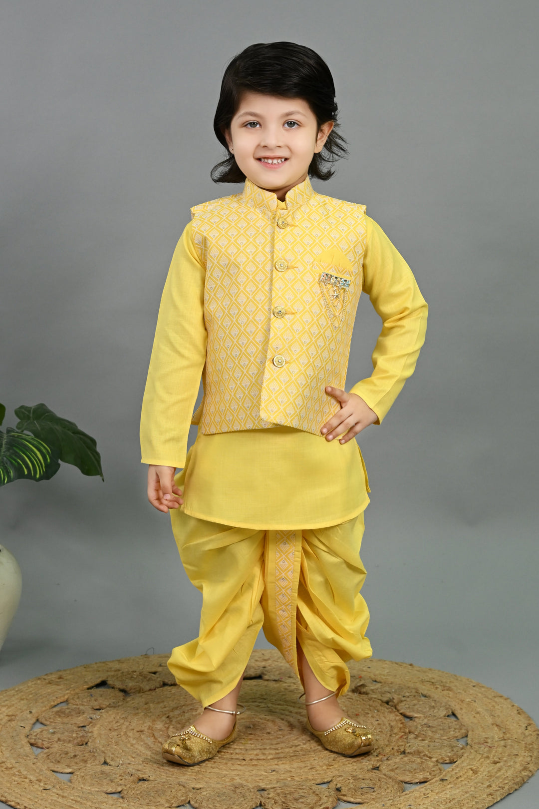 Boys Cotton Silk Geometric Buti Motifs Kurta & Dhoti Set with Waistcoat - Yellow | SHOBITAM