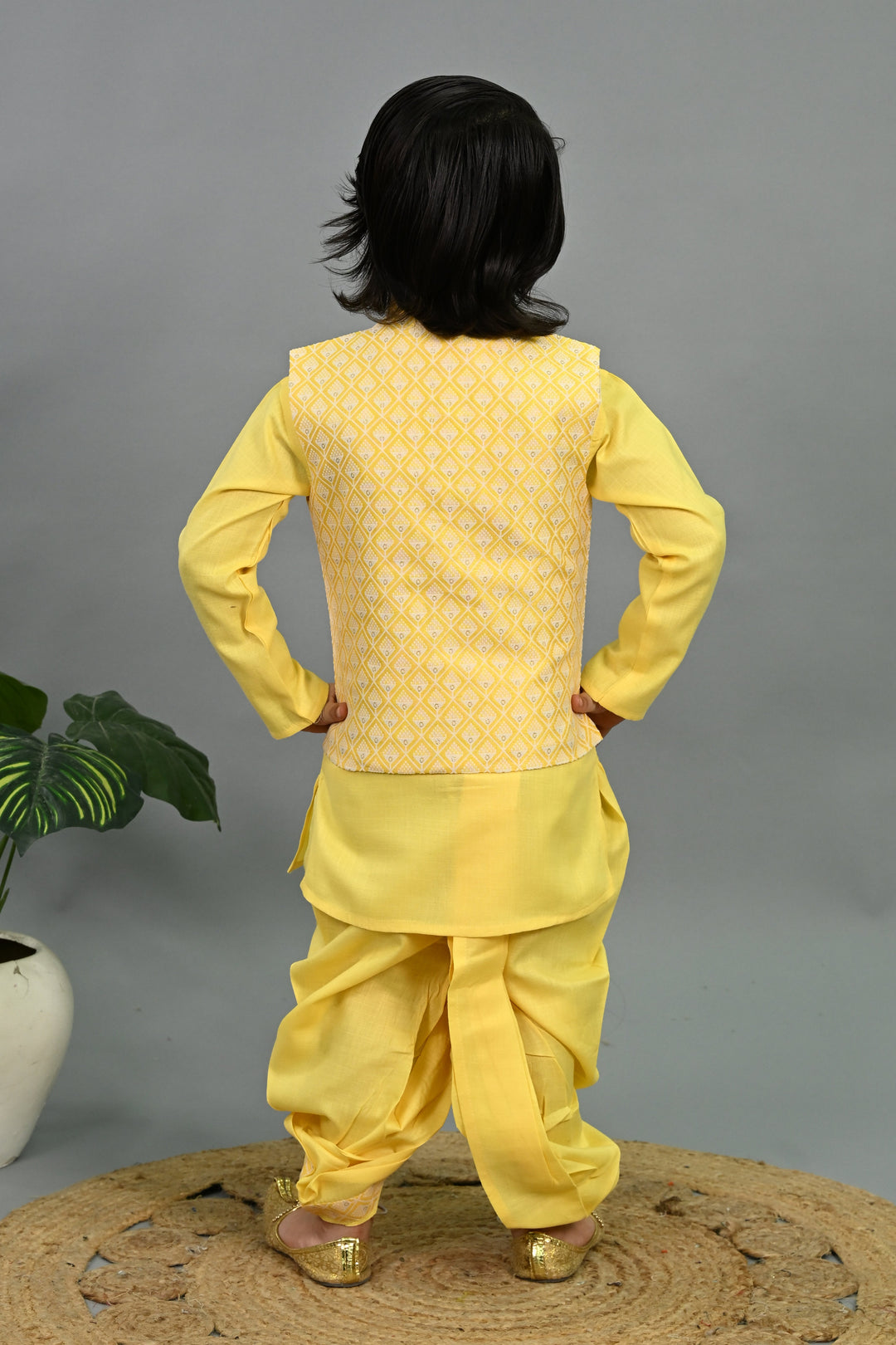 Boys Cotton Silk Geometric Buti Motifs Kurta & Dhoti Set with Waistcoat - Yellow | SHOBITAM