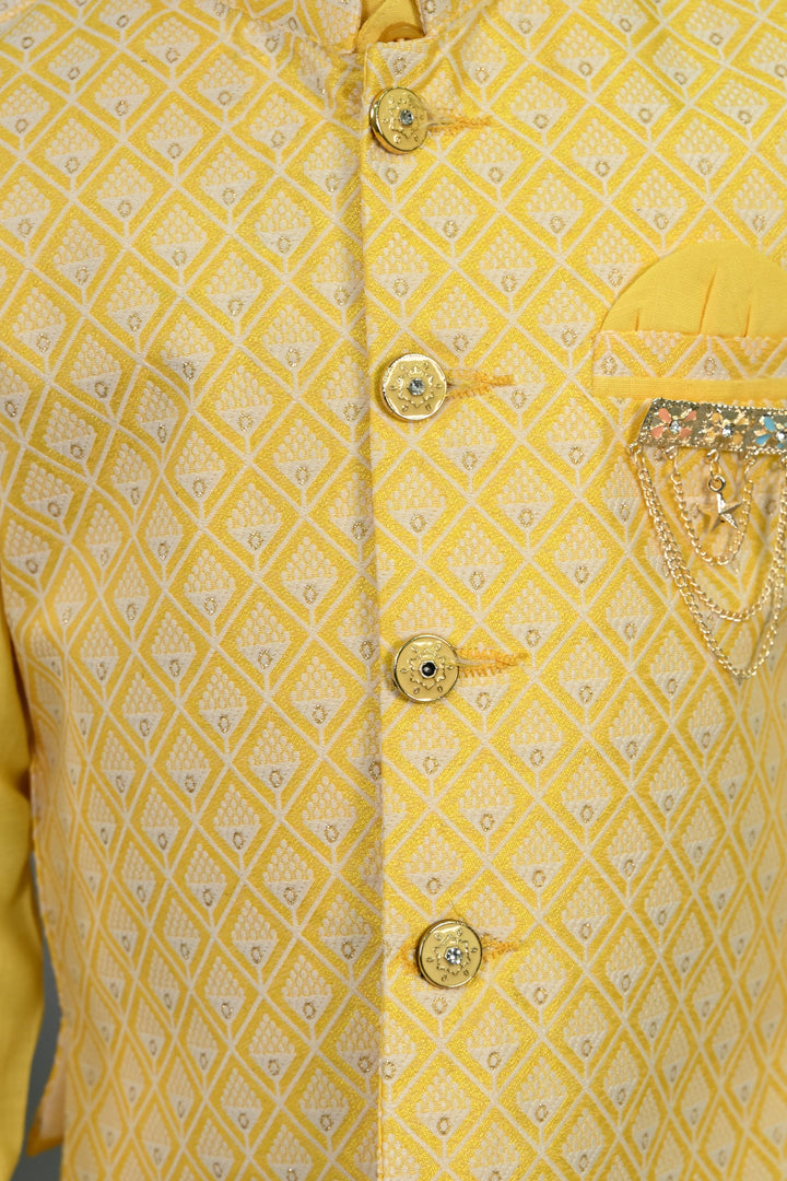 Boys Cotton Silk Geometric Buti Motifs Kurta & Dhoti Set with Waistcoat - Yellow | SHOBITAM