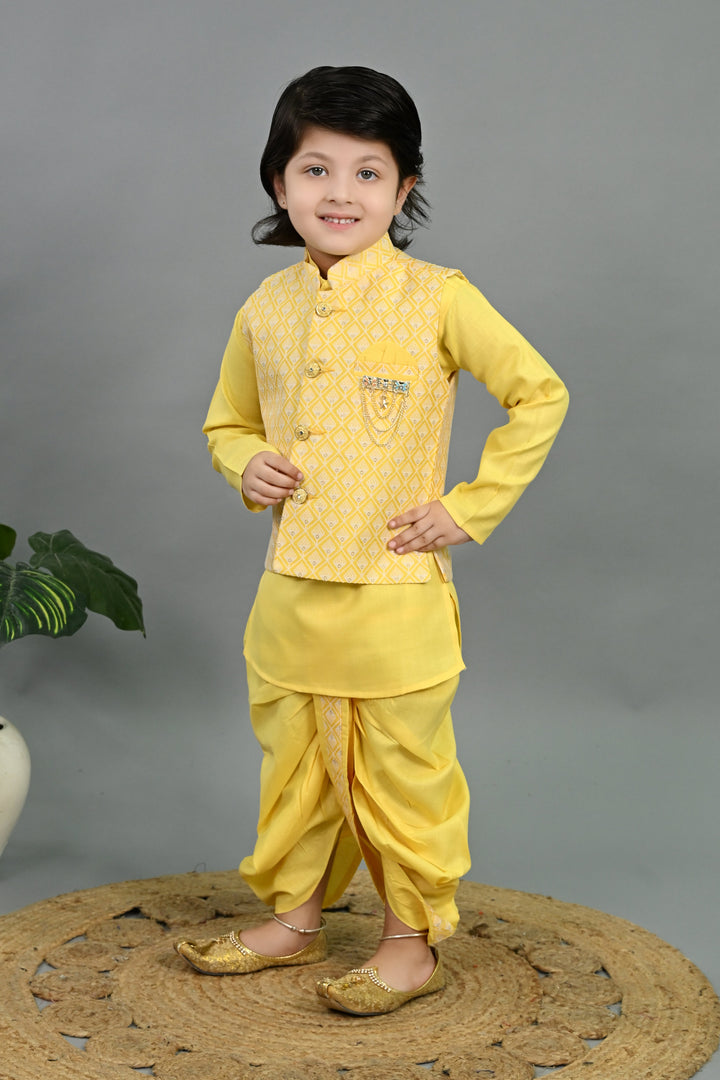 Boys Cotton Silk Geometric Buti Motifs Kurta & Dhoti Set with Waistcoat - Yellow | SHOBITAM