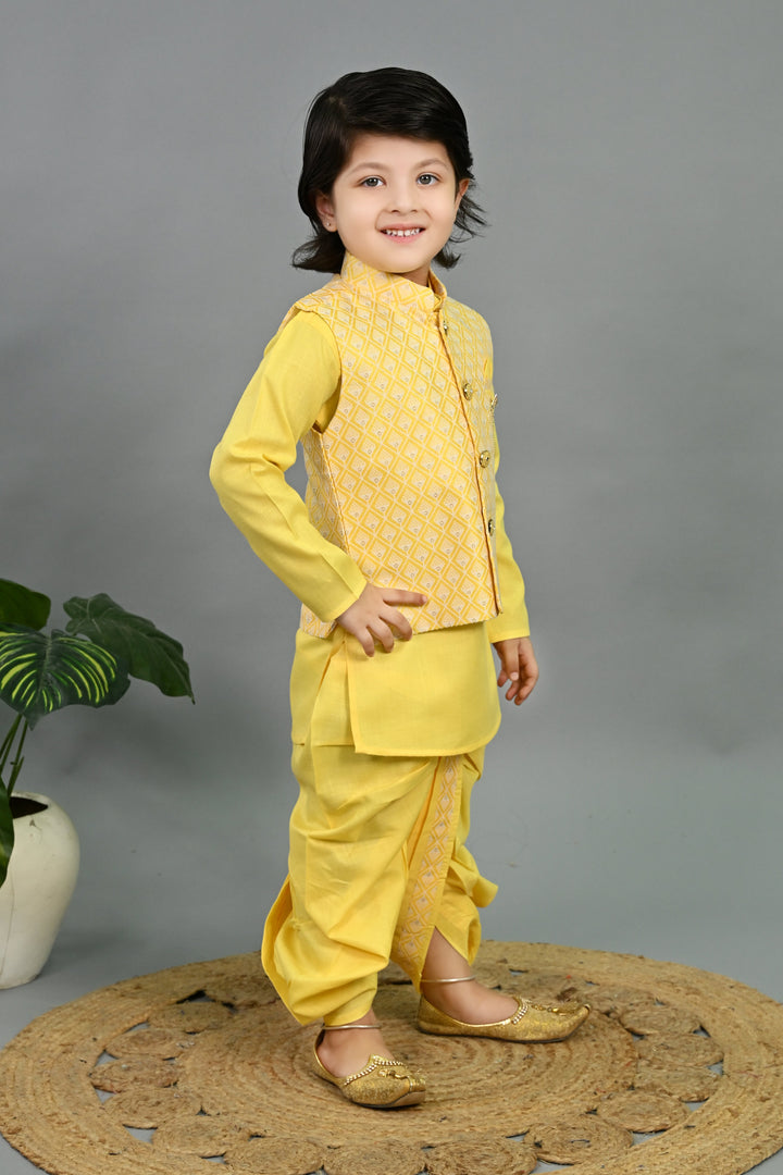 Boys Cotton Silk Geometric Buti Motifs Kurta & Dhoti Set with Waistcoat - Yellow | SHOBITAM