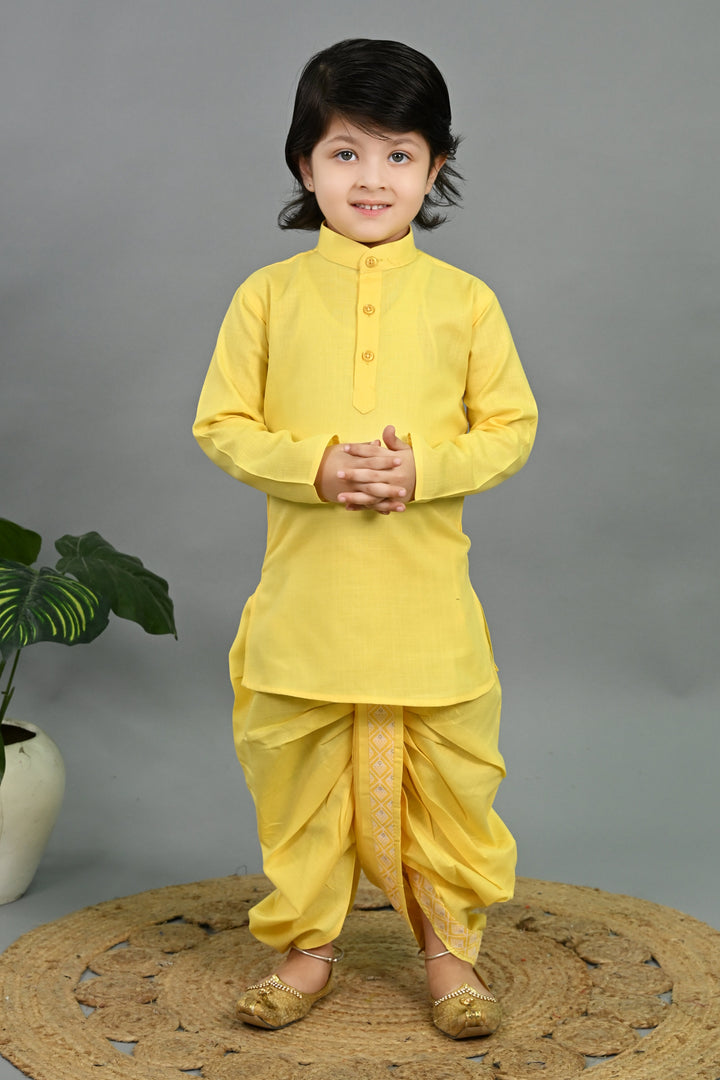 Boys Cotton Silk Geometric Buti Motifs Kurta & Dhoti Set with Waistcoat - Yellow | SHOBITAM