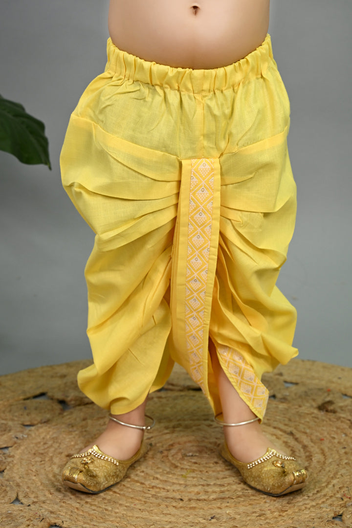 Boys Cotton Silk Geometric Buti Motifs Kurta & Dhoti Set with Waistcoat - Yellow | SHOBITAM