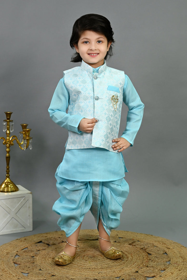 Boys Cotton Silk Brocade Geometric Kurta & Dhoti Set with Waistcoat - Aqua Blue | SHOBITAM