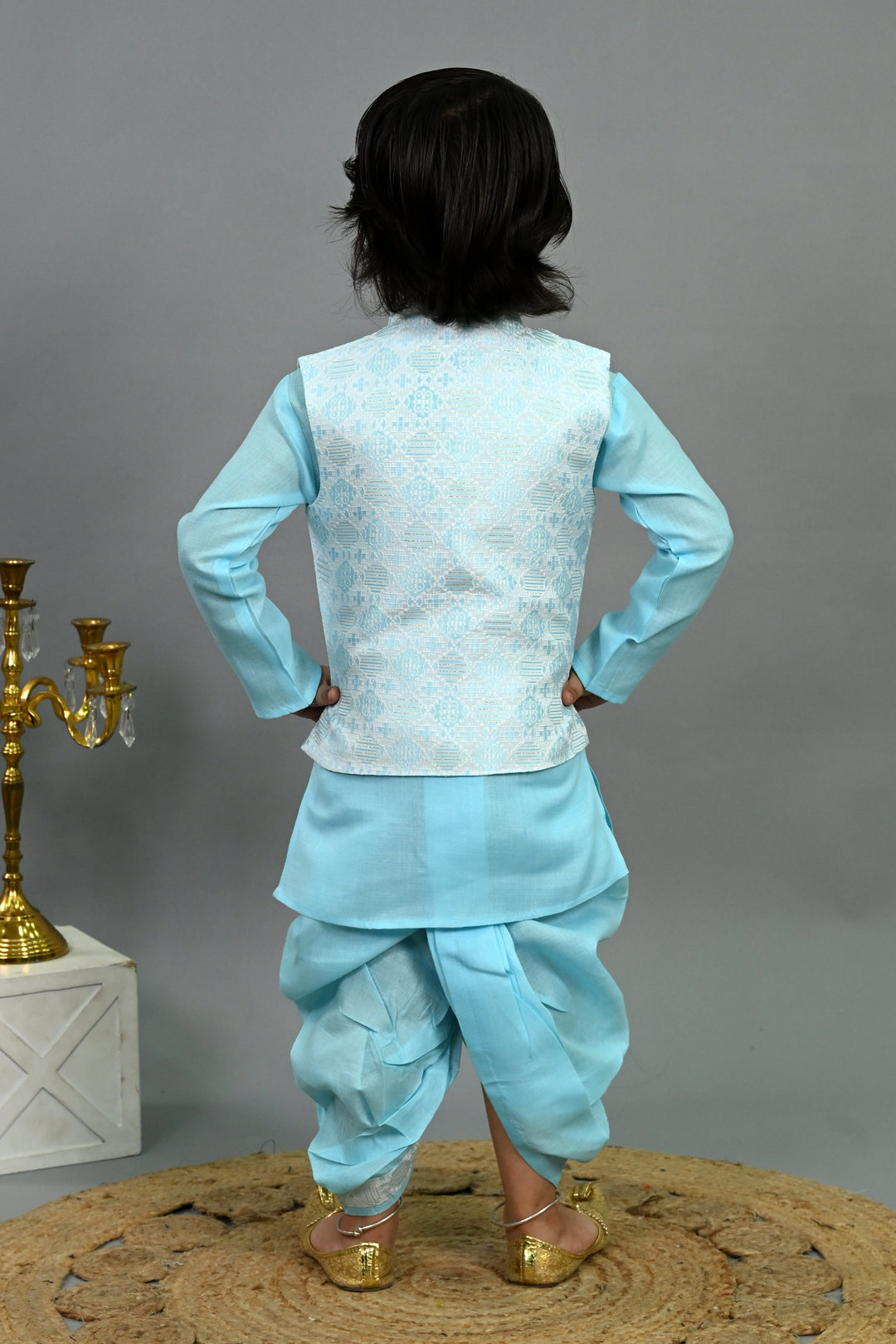 Boys Cotton Silk Brocade Geometric Kurta & Dhoti Set with Waistcoat - Aqua Blue | SHOBITAM