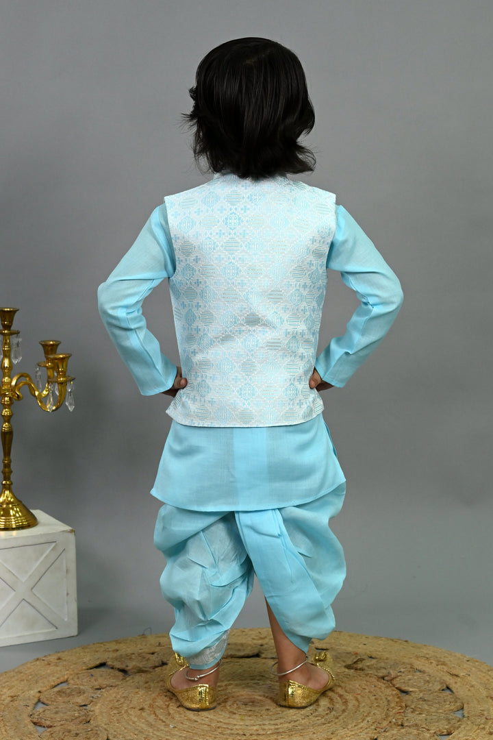 Boys Cotton Silk Brocade Geometric Kurta & Dhoti Set with Waistcoat - Aqua Blue | SHOBITAM