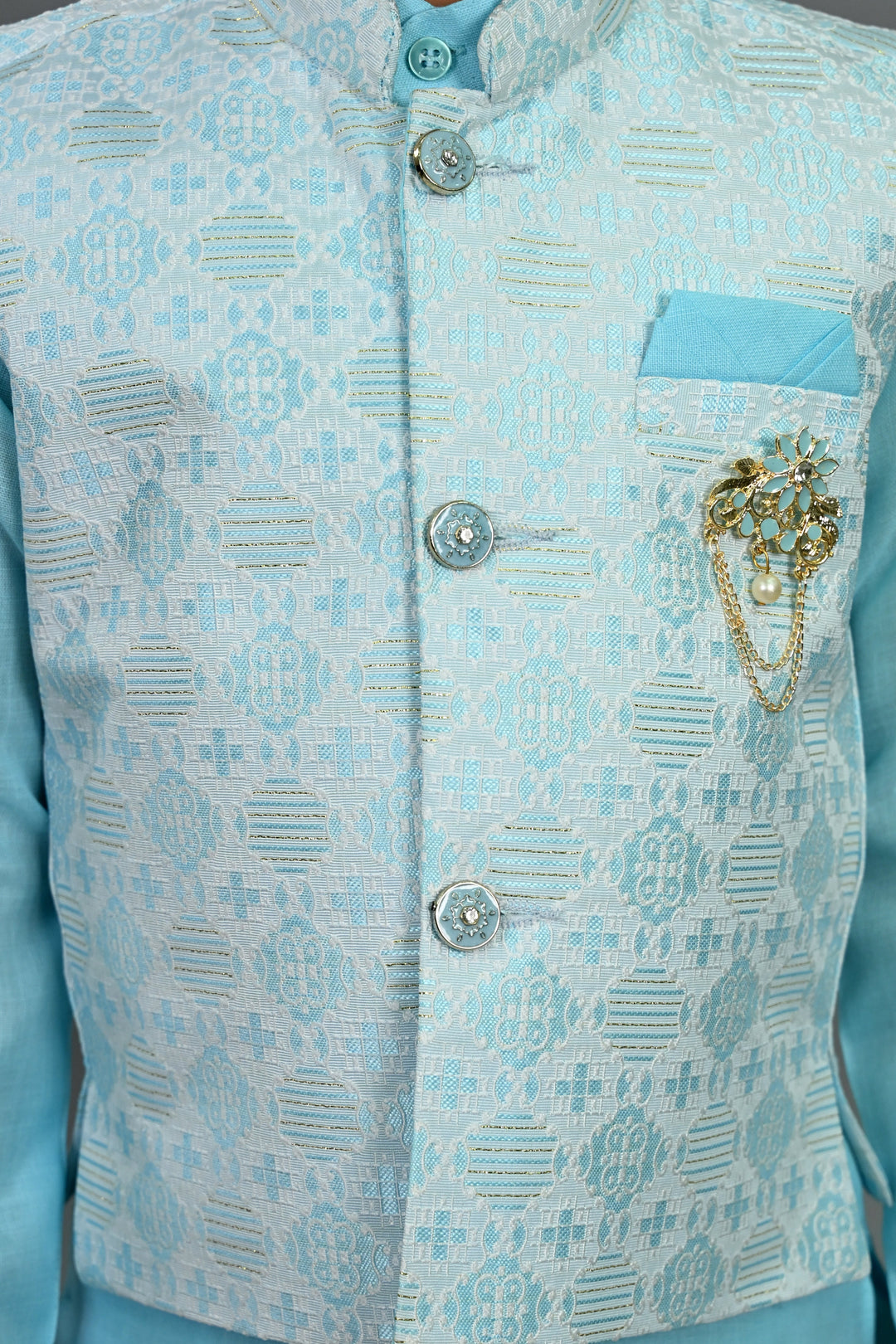 Boys Cotton Silk Brocade Geometric Kurta & Dhoti Set with Waistcoat - Aqua Blue | SHOBITAM