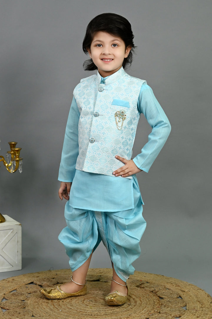 Boys Cotton Silk Brocade Geometric Kurta & Dhoti Set with Waistcoat - Aqua Blue | SHOBITAM