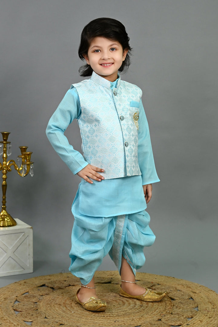 Boys Cotton Silk Brocade Geometric Kurta & Dhoti Set with Waistcoat - Aqua Blue | SHOBITAM
