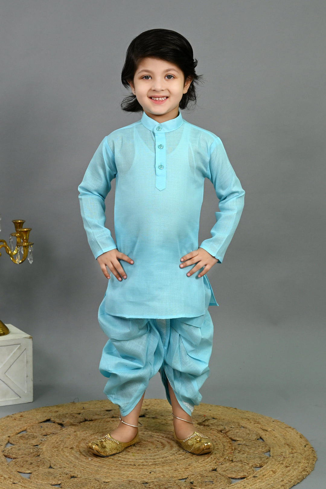 Boys Cotton Silk Brocade Geometric Kurta & Dhoti Set with Waistcoat - Aqua Blue | SHOBITAM