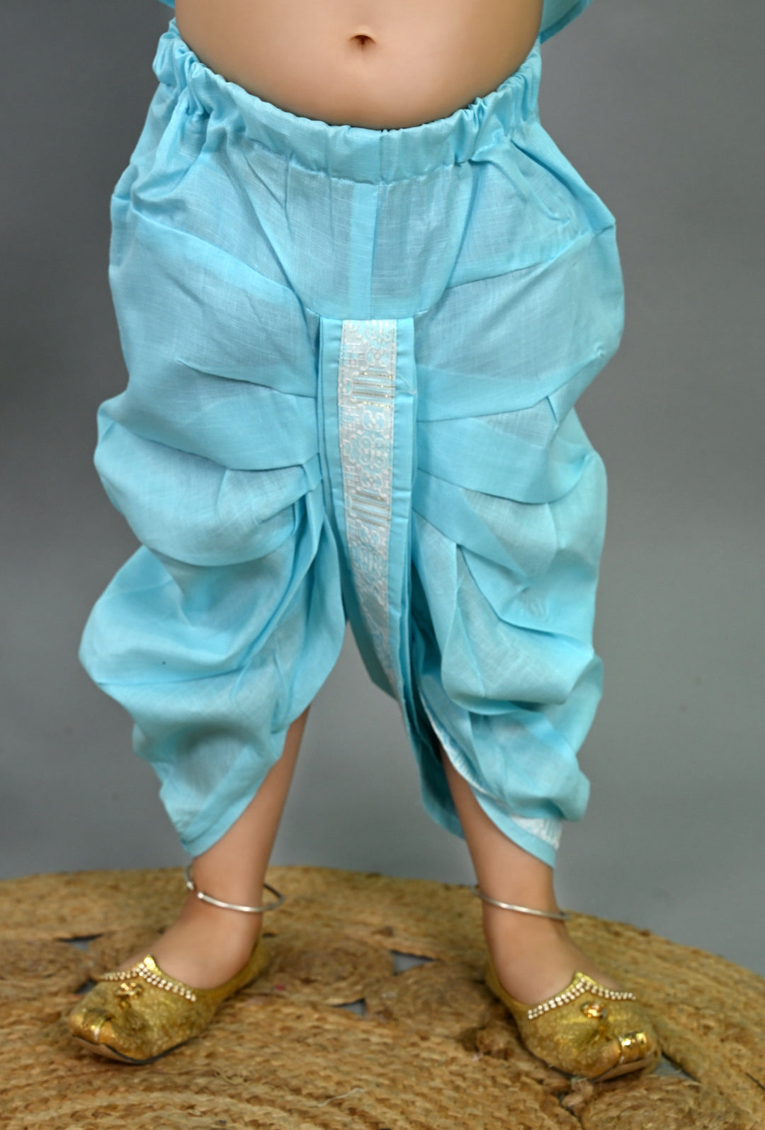 Boys Cotton Silk Brocade Geometric Kurta & Dhoti Set with Waistcoat - Aqua Blue | SHOBITAM