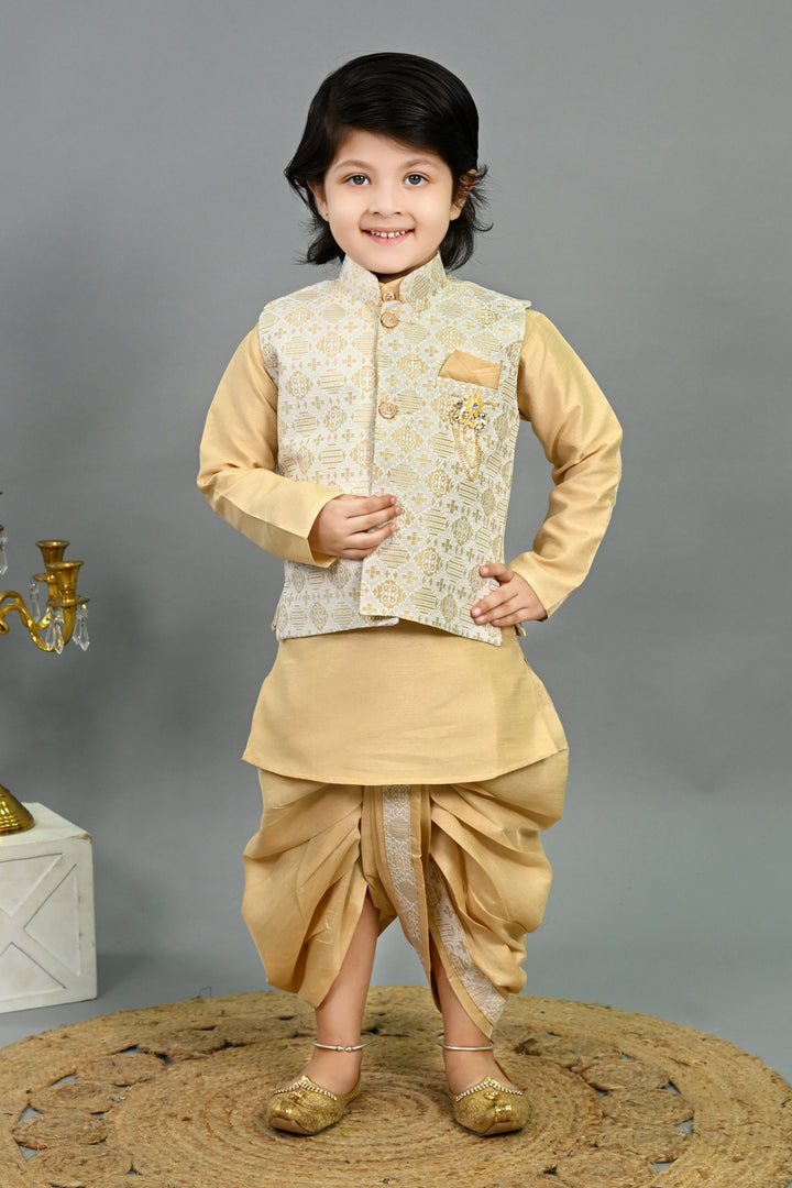 Boys Cotton Silk Brocade Geometric Kurta & Dhoti Set with Waistcoat - Fawn | SHOBITAM
