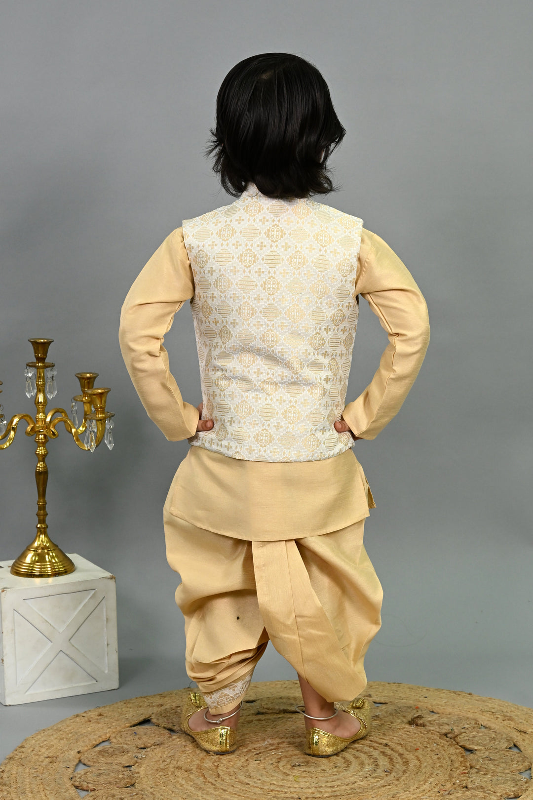 Boys Cotton Silk Brocade Geometric Kurta & Dhoti Set with Waistcoat - Fawn | SHOBITAM