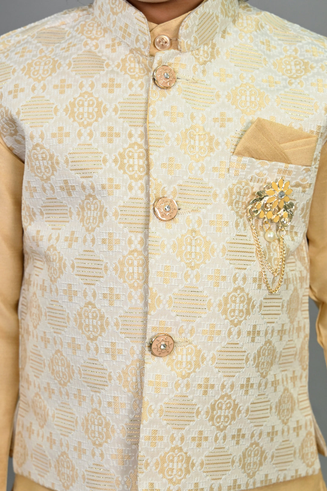 Boys Cotton Silk Brocade Geometric Kurta & Dhoti Set with Waistcoat - Fawn | SHOBITAM