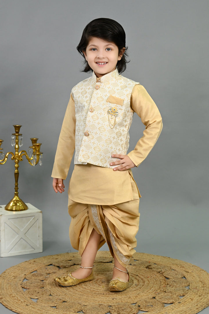 Boys Cotton Silk Brocade Geometric Kurta & Dhoti Set with Waistcoat - Fawn | SHOBITAM