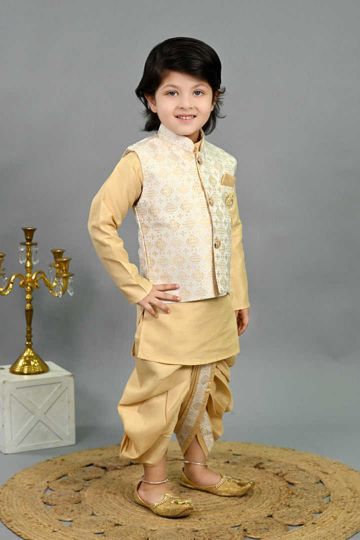 Boys Cotton Silk Brocade Geometric Kurta & Dhoti Set with Waistcoat - Fawn | SHOBITAM