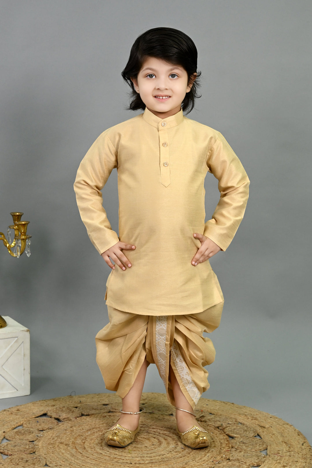 Boys Cotton Silk Brocade Geometric Kurta & Dhoti Set with Waistcoat - Fawn | SHOBITAM