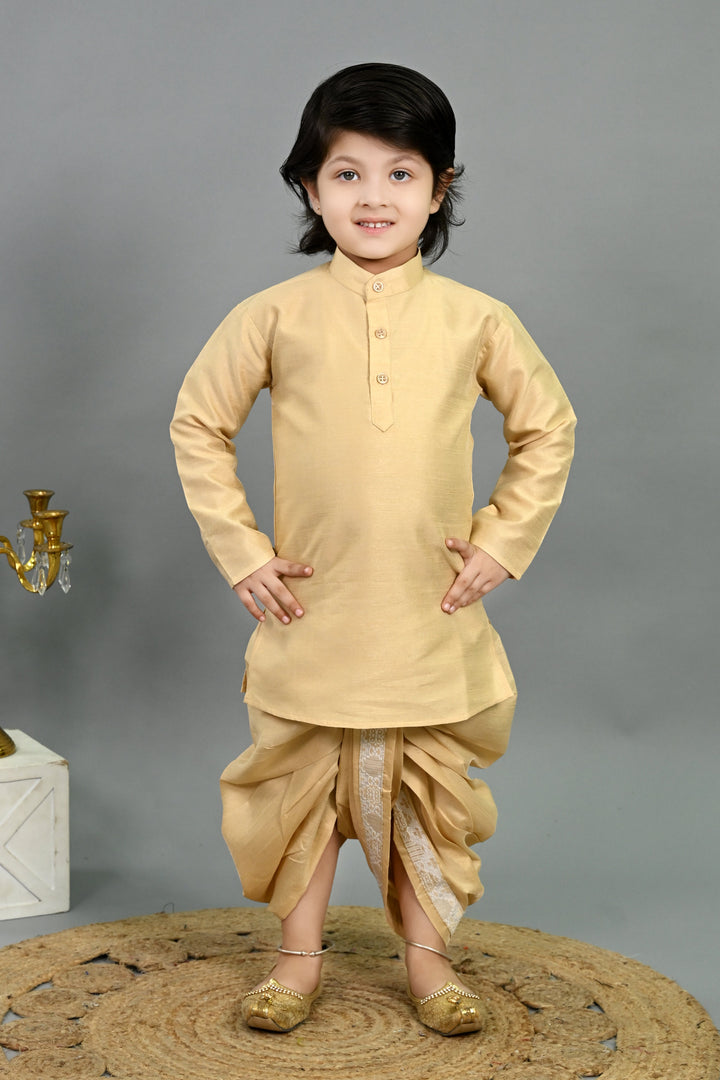 Boys Cotton Silk Brocade Geometric Kurta & Dhoti Set with Waistcoat - Fawn | SHOBITAM