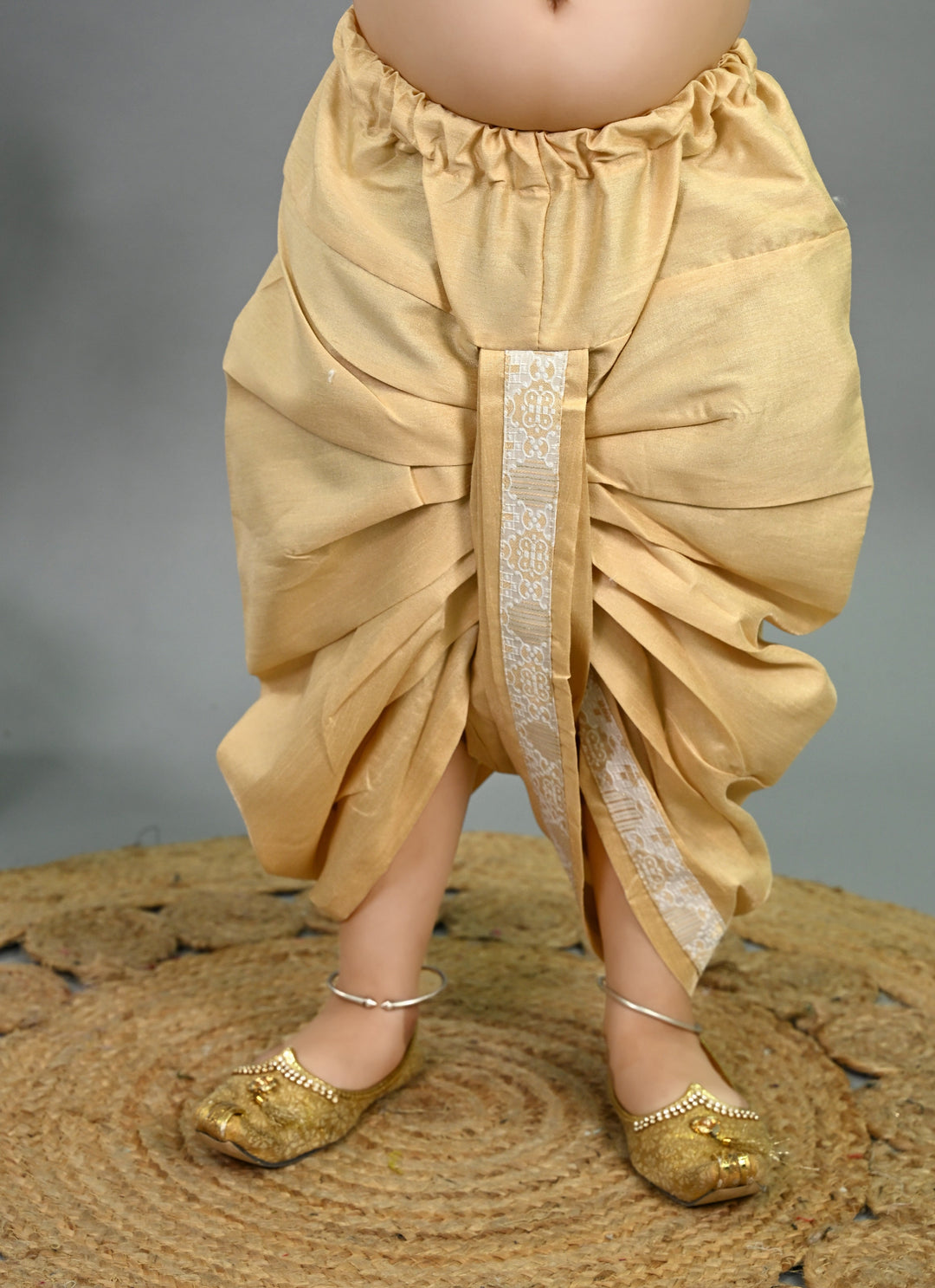 Boys Cotton Silk Brocade Geometric Kurta & Dhoti Set with Waistcoat - Fawn | SHOBITAM