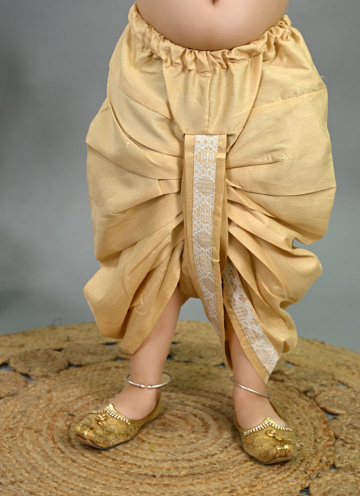 Boys Cotton Silk Brocade Geometric Kurta & Dhoti Set with Waistcoat - Fawn | SHOBITAM