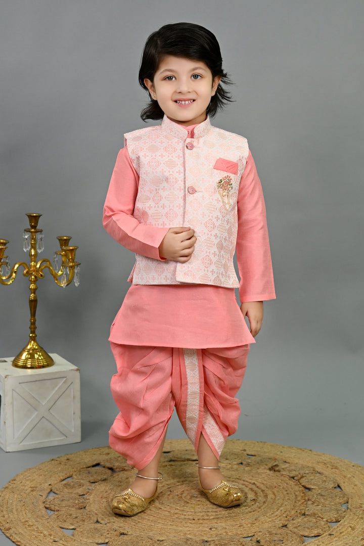 Boys Cotton Silk Brocade Geometric Kurta & Dhoti Set with Waistcoat - Pink | SHOBITAM