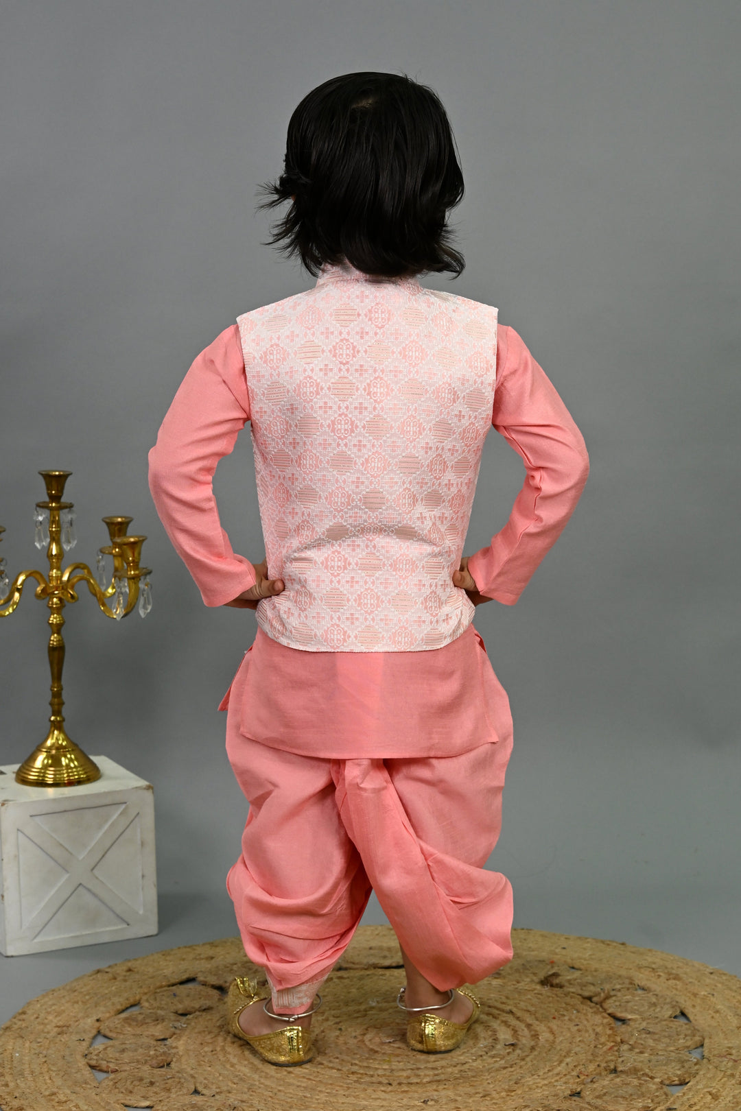 Boys Cotton Silk Brocade Geometric Kurta & Dhoti Set with Waistcoat - Pink | SHOBITAM