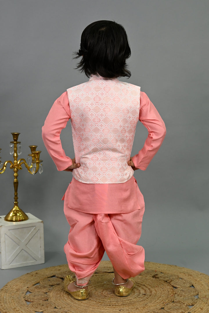 Boys Cotton Silk Brocade Geometric Kurta & Dhoti Set with Waistcoat - Pink | SHOBITAM