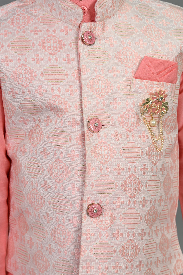 Boys Cotton Silk Brocade Geometric Kurta & Dhoti Set with Waistcoat - Pink | SHOBITAM