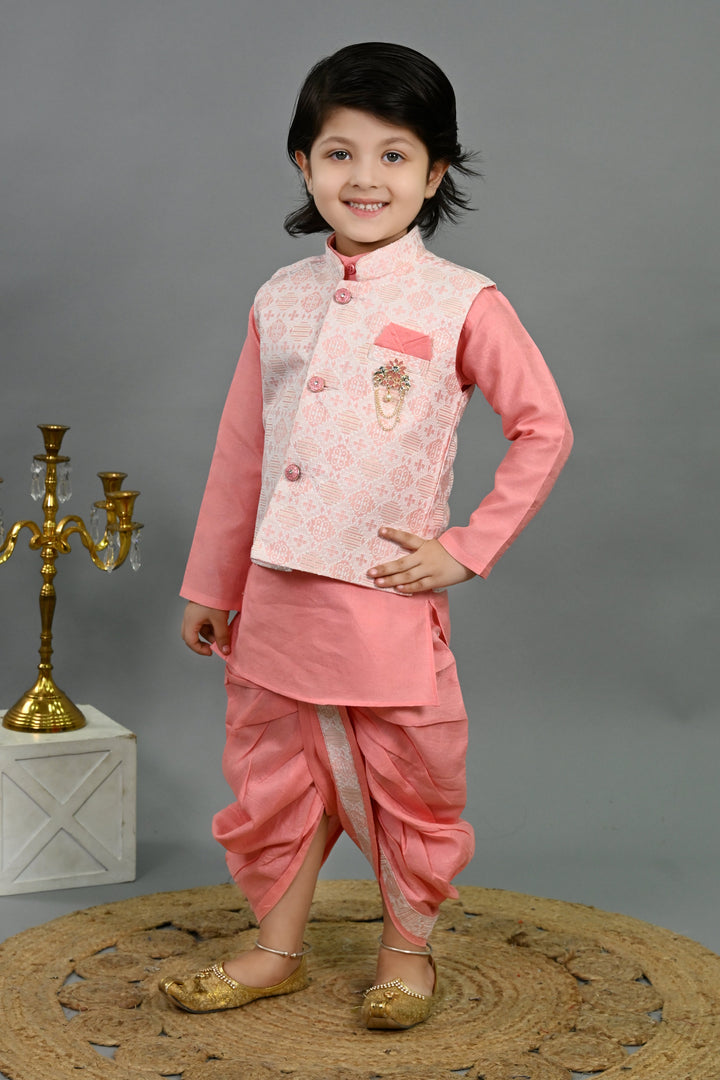Boys Cotton Silk Brocade Geometric Kurta & Dhoti Set with Waistcoat - Pink | SHOBITAM