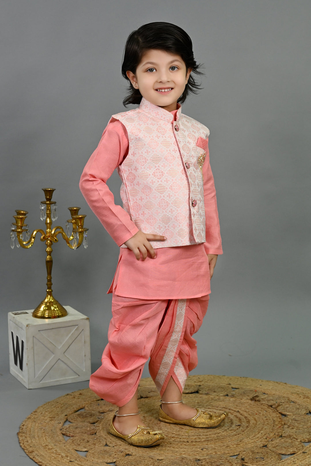 Boys Cotton Silk Brocade Geometric Kurta & Dhoti Set with Waistcoat - Pink | SHOBITAM