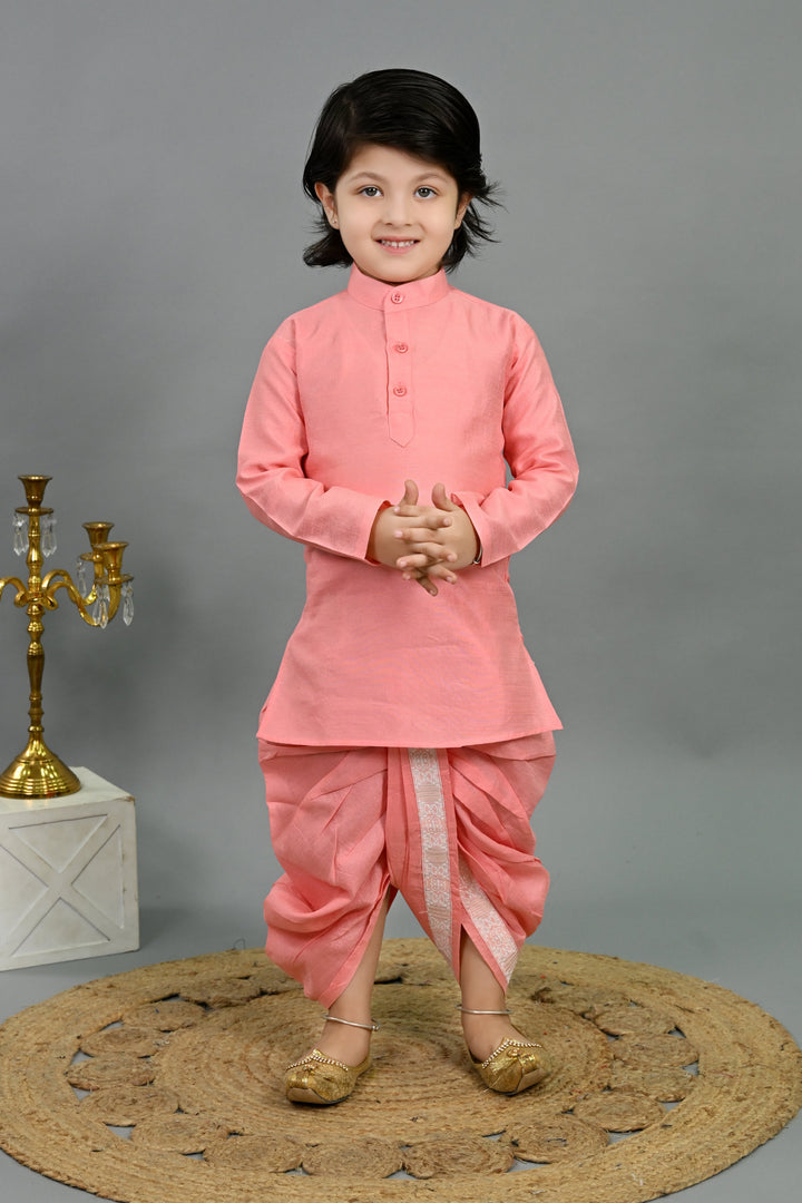 Boys Cotton Silk Brocade Geometric Kurta & Dhoti Set with Waistcoat - Pink | SHOBITAM