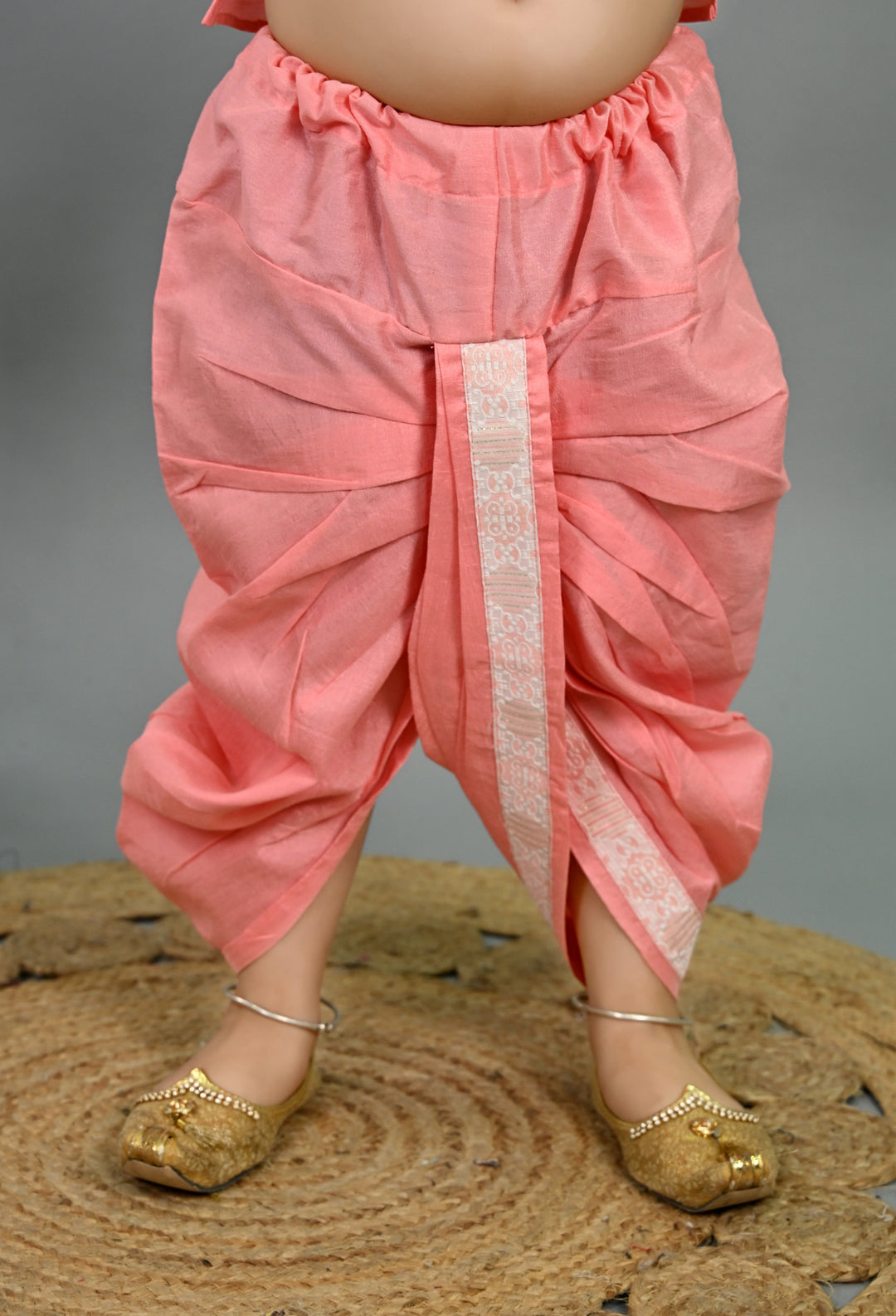 Boys Cotton Silk Brocade Geometric Kurta & Dhoti Set with Waistcoat - Pink | SHOBITAM