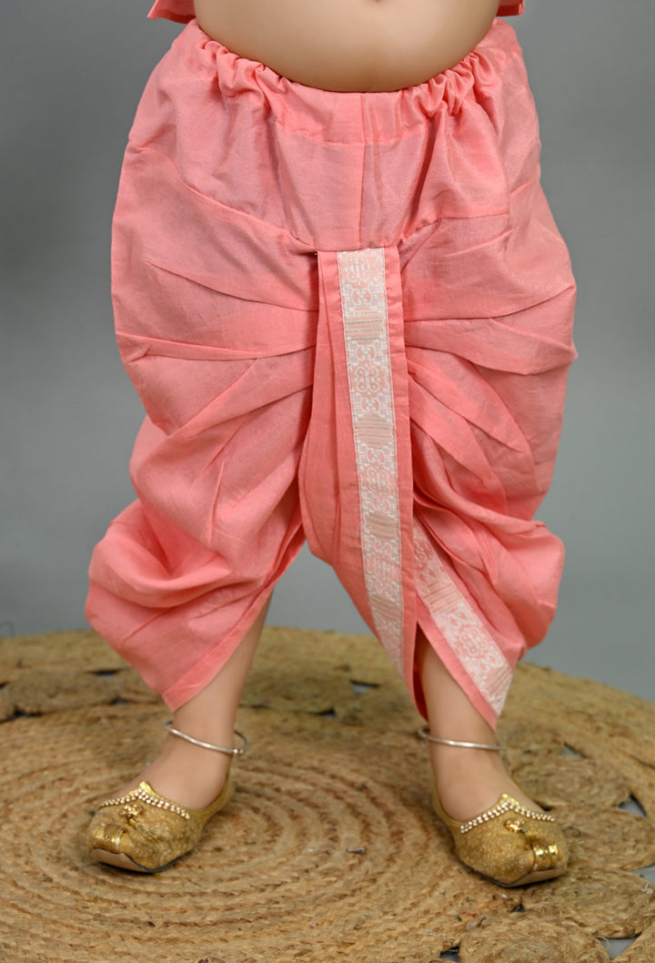 Boys Cotton Silk Brocade Geometric Kurta & Dhoti Set with Waistcoat - Pink | SHOBITAM