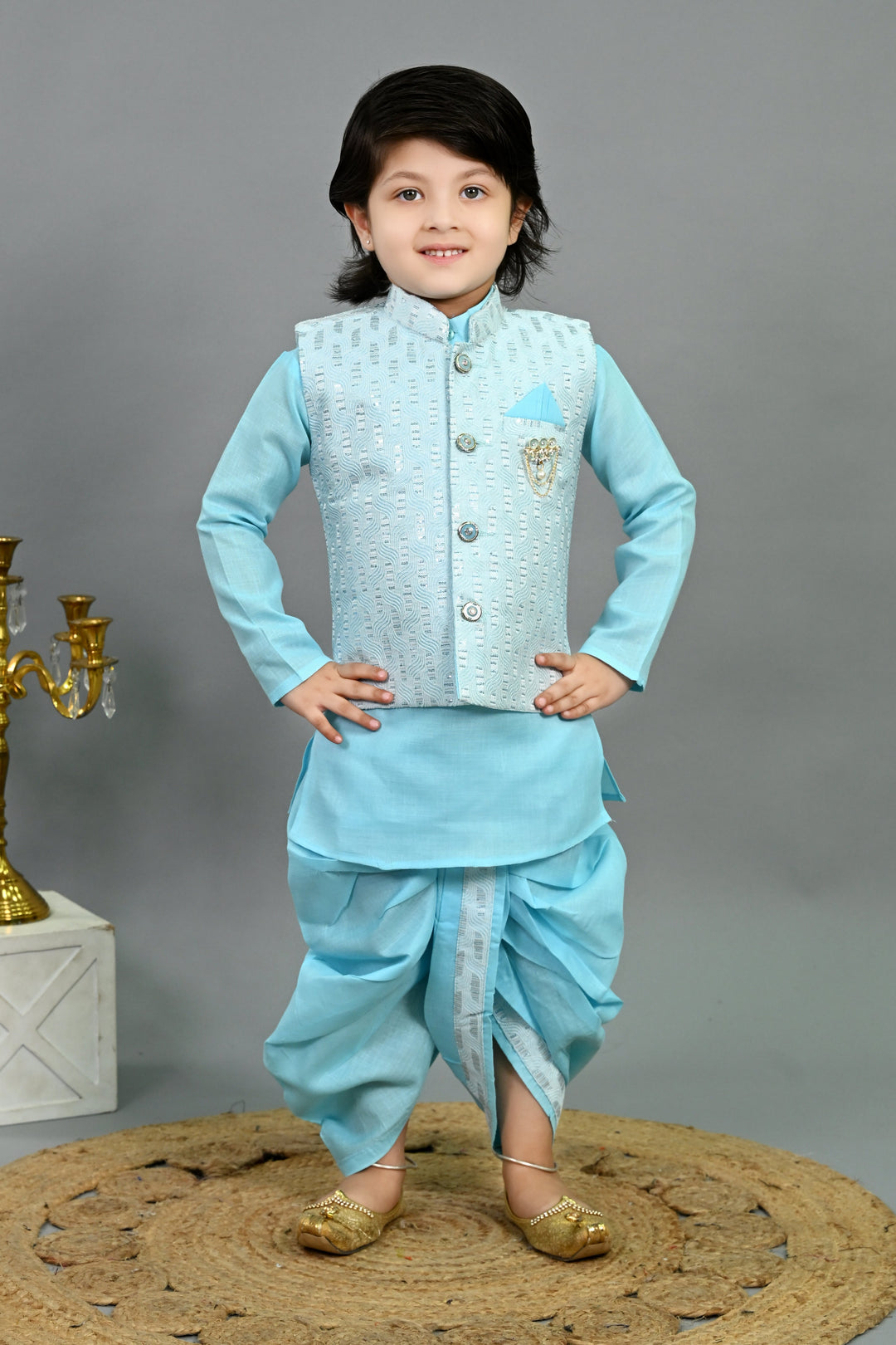 Boys Cotton Silk Sequins Embellished Wavy Motifs Kurta & Dhoti Set with Waistcoat - Sky Blue | SHOBITAM