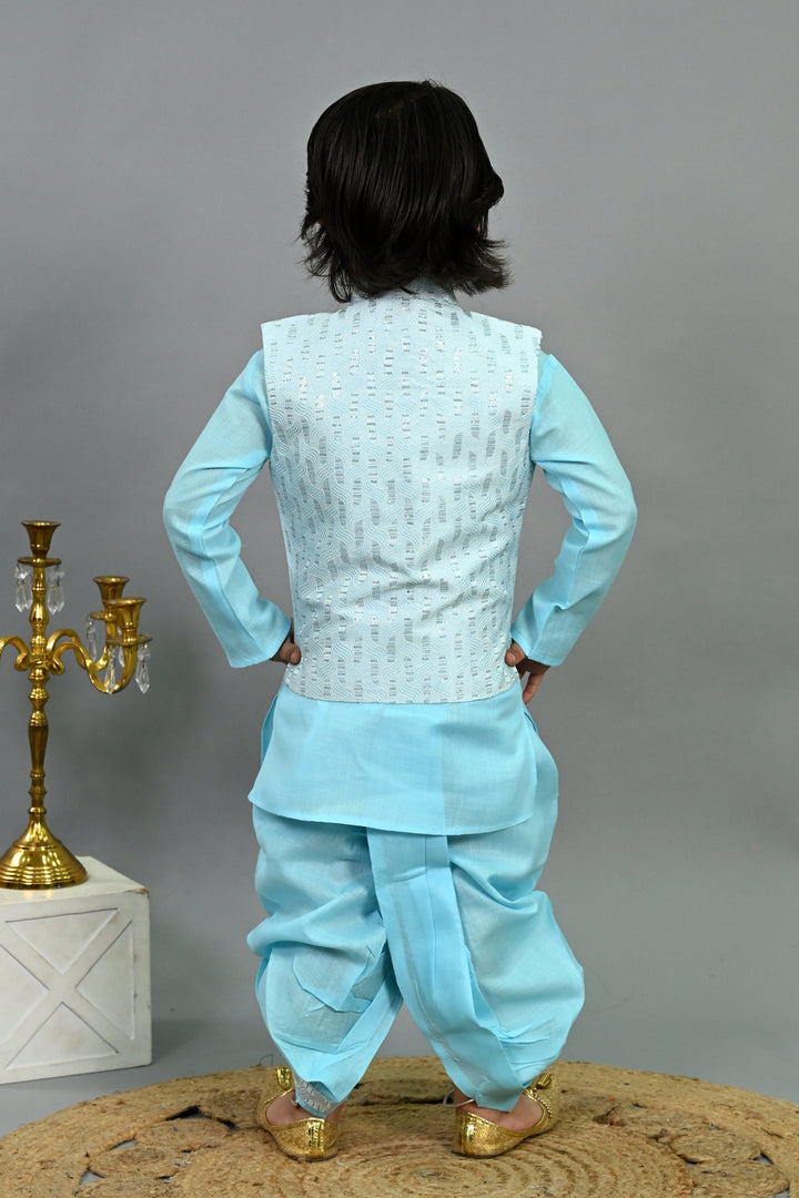 Boys Cotton Silk Sequins Embellished Wavy Motifs Kurta & Dhoti Set with Waistcoat - Sky Blue | SHOBITAM