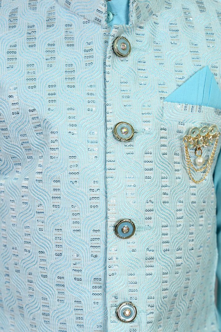 Boys Cotton Silk Sequins Embellished Wavy Motifs Kurta & Dhoti Set with Waistcoat - Sky Blue | SHOBITAM