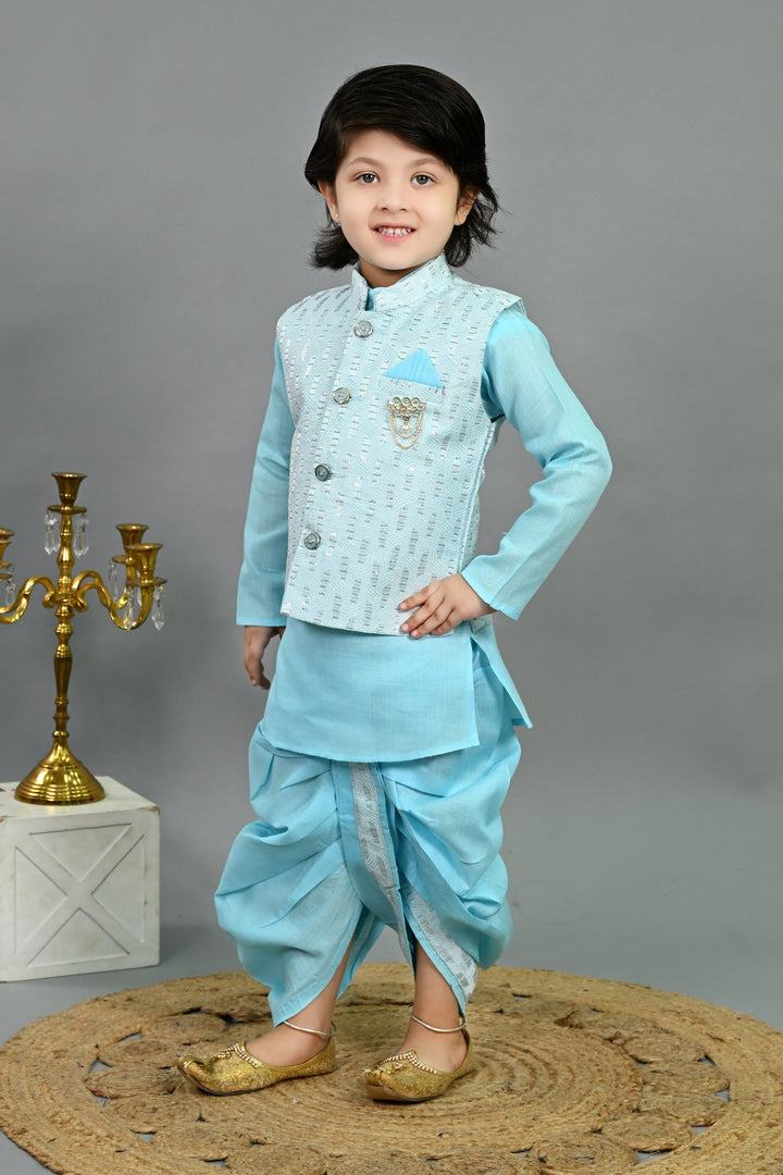 Boys Cotton Silk Sequins Embellished Wavy Motifs Kurta & Dhoti Set with Waistcoat - Sky Blue | SHOBITAM