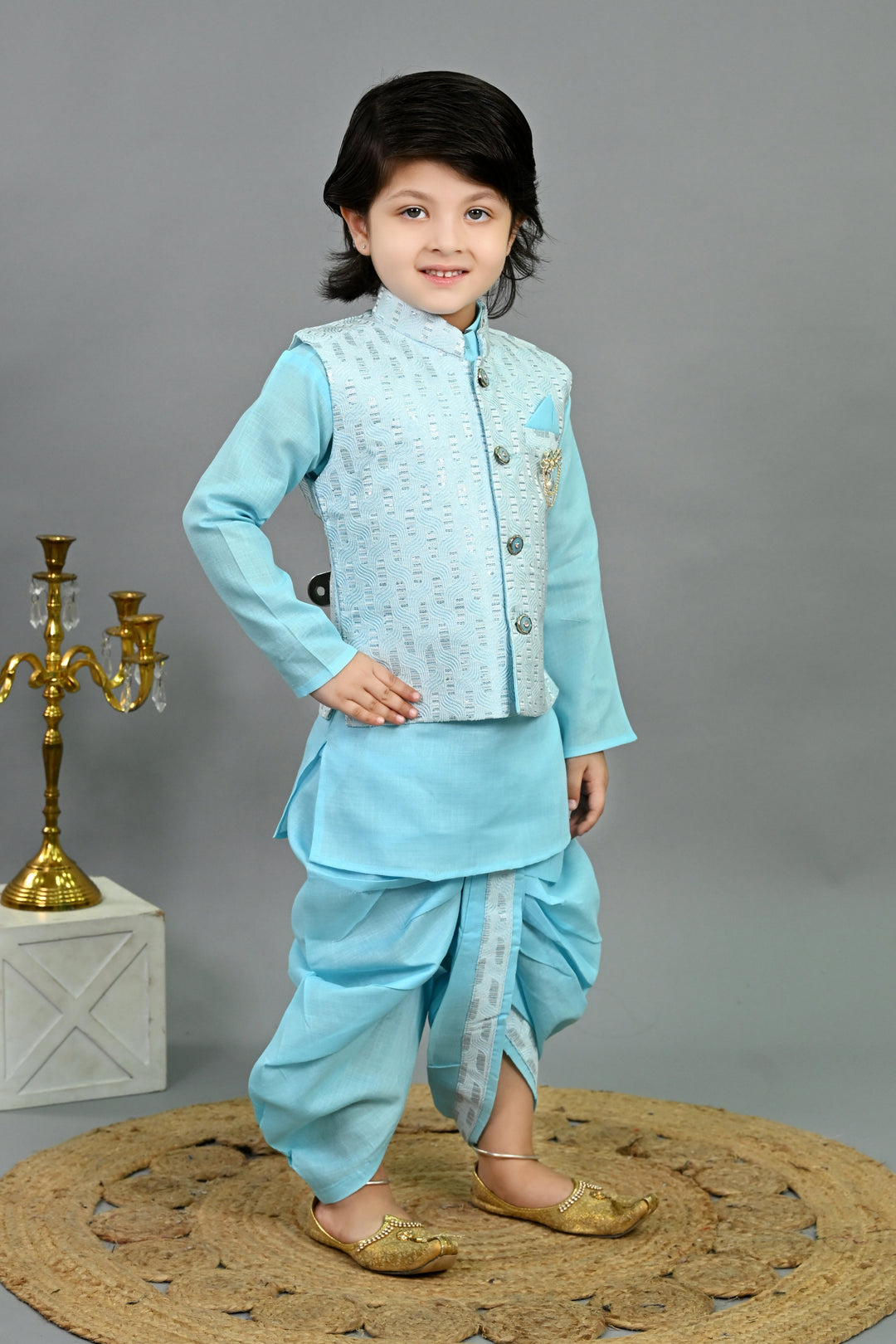 Boys Cotton Silk Sequins Embellished Wavy Motifs Kurta & Dhoti Set with Waistcoat - Sky Blue | SHOBITAM
