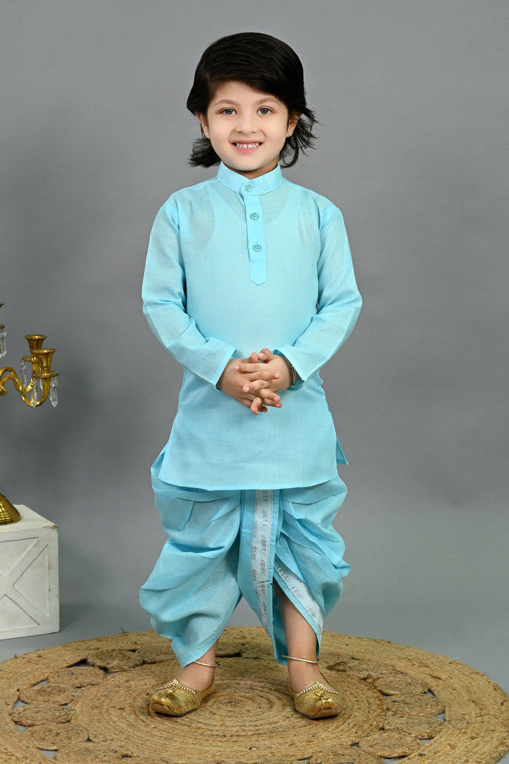 Boys Cotton Silk Sequins Embellished Wavy Motifs Kurta & Dhoti Set with Waistcoat - Sky Blue | SHOBITAM