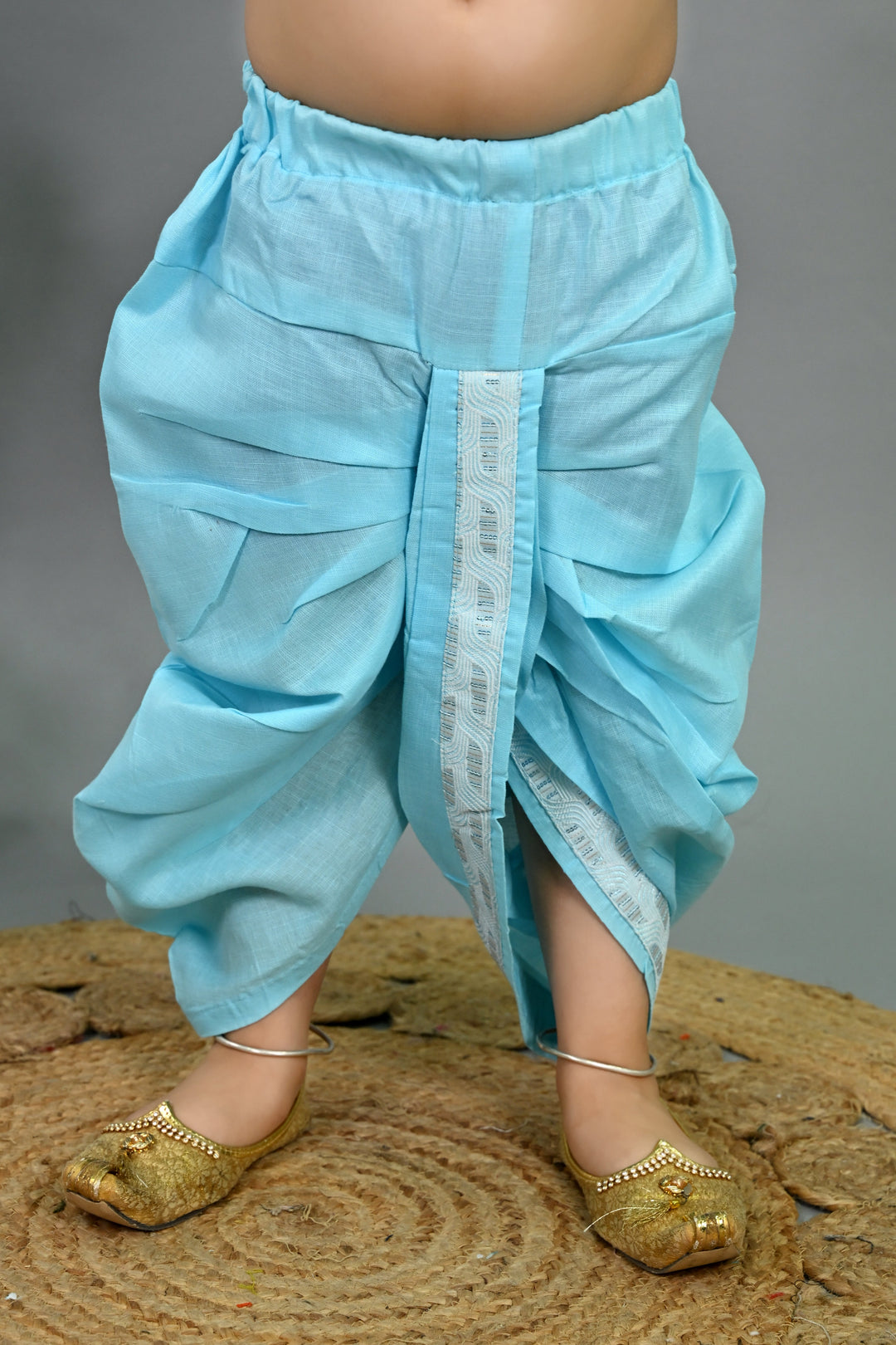 Boys Cotton Silk Sequins Embellished Wavy Motifs Kurta & Dhoti Set with Waistcoat - Sky Blue | SHOBITAM