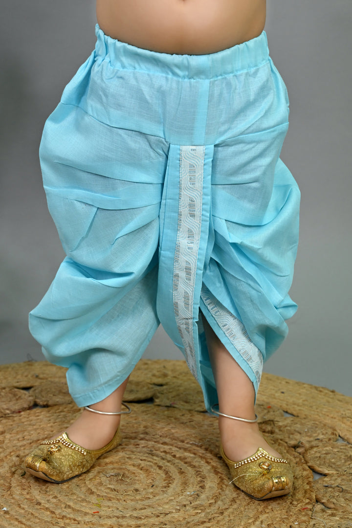 Boys Cotton Silk Sequins Embellished Wavy Motifs Kurta & Dhoti Set with Waistcoat - Sky Blue | SHOBITAM