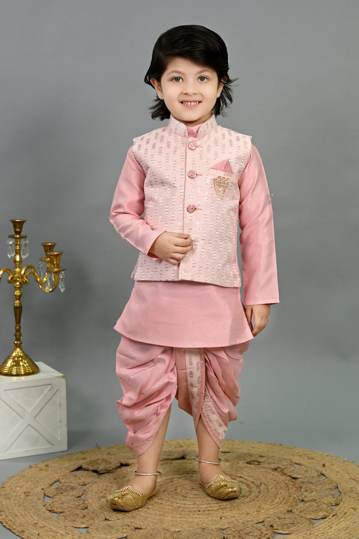 Boys Cotton Silk Sequins Embellished Wavy Motifs Kurta & Dhoti Set with Waistcoat - Pink | SHOBITAM