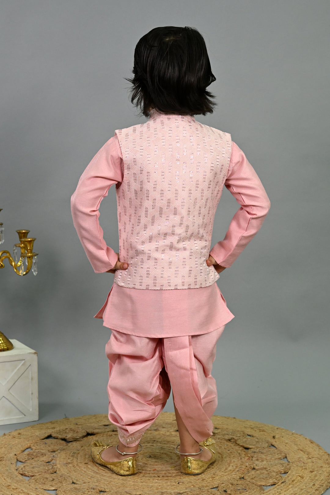 Boys Cotton Silk Sequins Embellished Wavy Motifs Kurta & Dhoti Set with Waistcoat - Pink | SHOBITAM