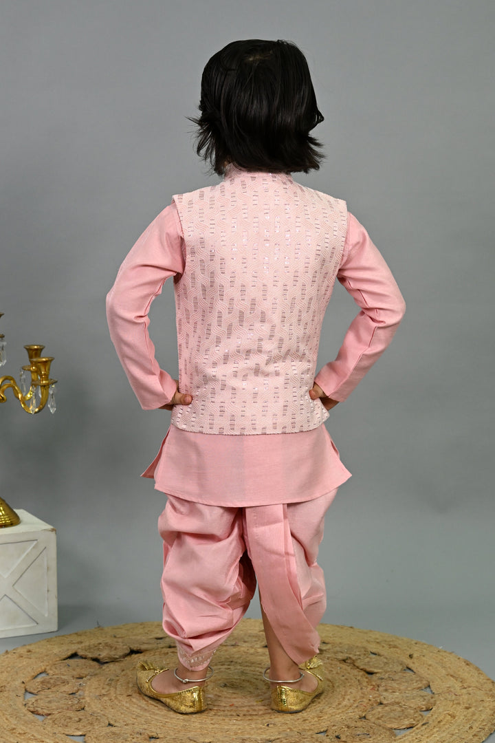 Boys Cotton Silk Sequins Embellished Wavy Motifs Kurta & Dhoti Set with Waistcoat - Pink | SHOBITAM