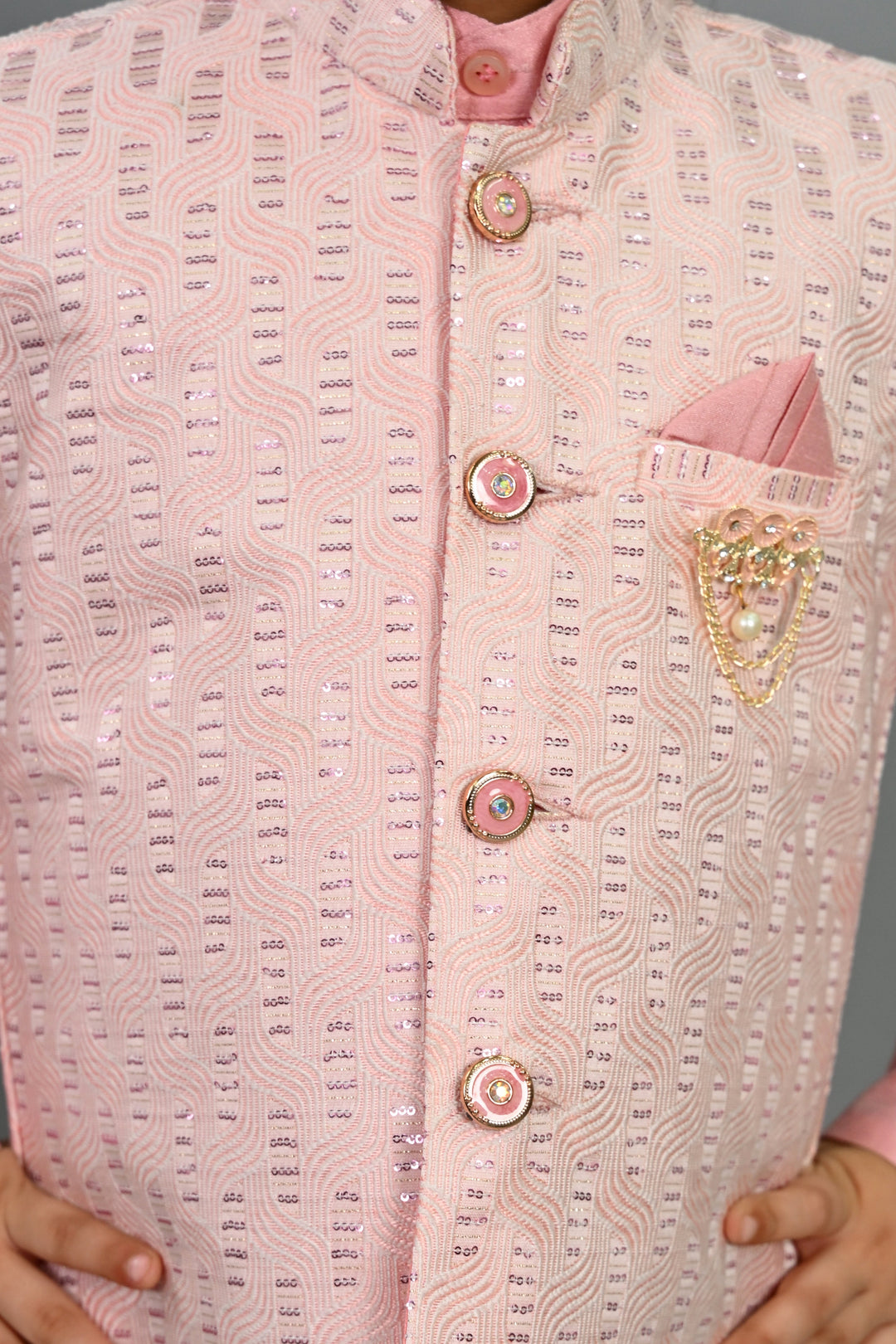 Boys Cotton Silk Sequins Embellished Wavy Motifs Kurta & Dhoti Set with Waistcoat - Pink | SHOBITAM