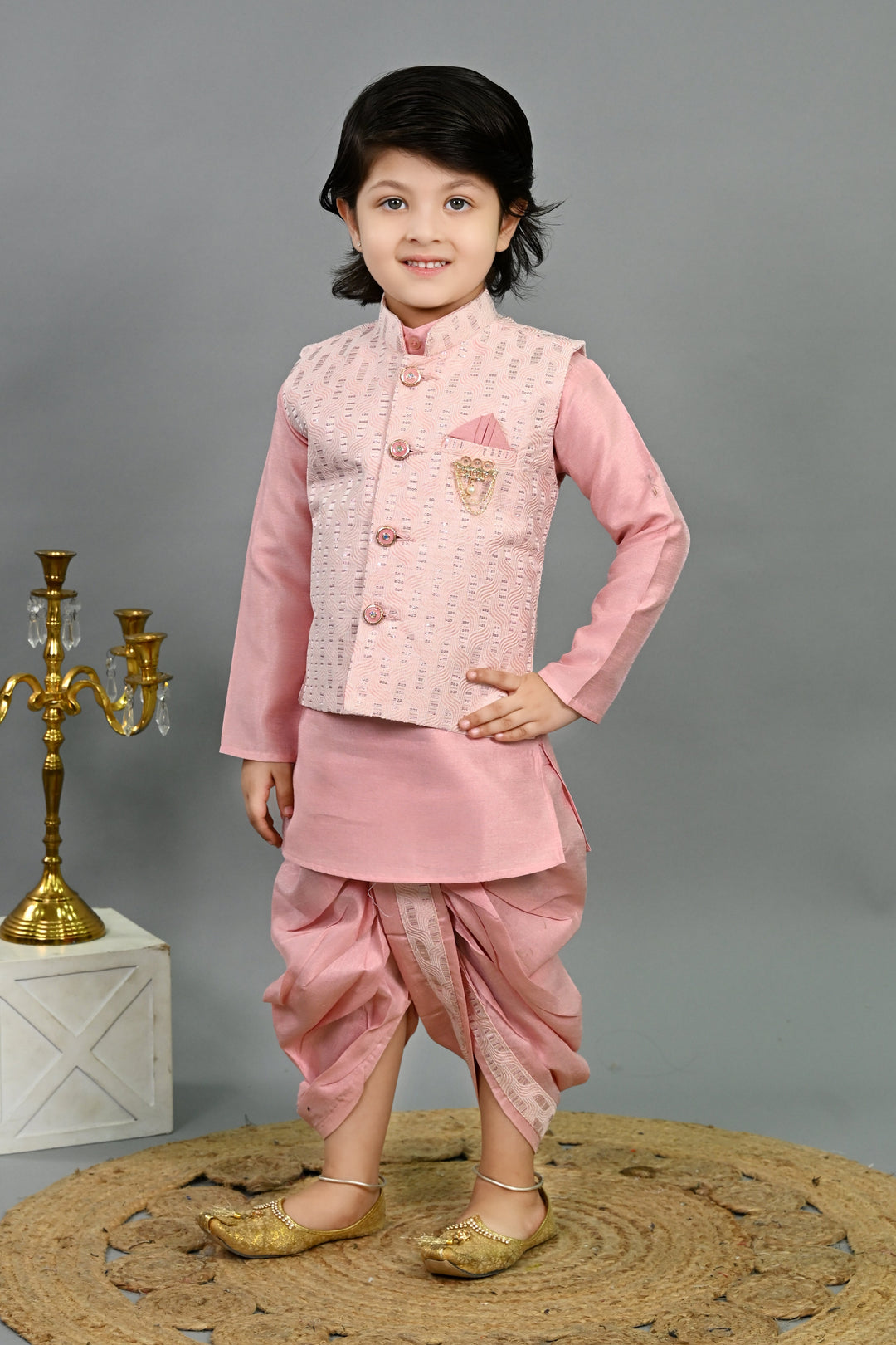 Boys Cotton Silk Sequins Embellished Wavy Motifs Kurta & Dhoti Set with Waistcoat - Pink | SHOBITAM