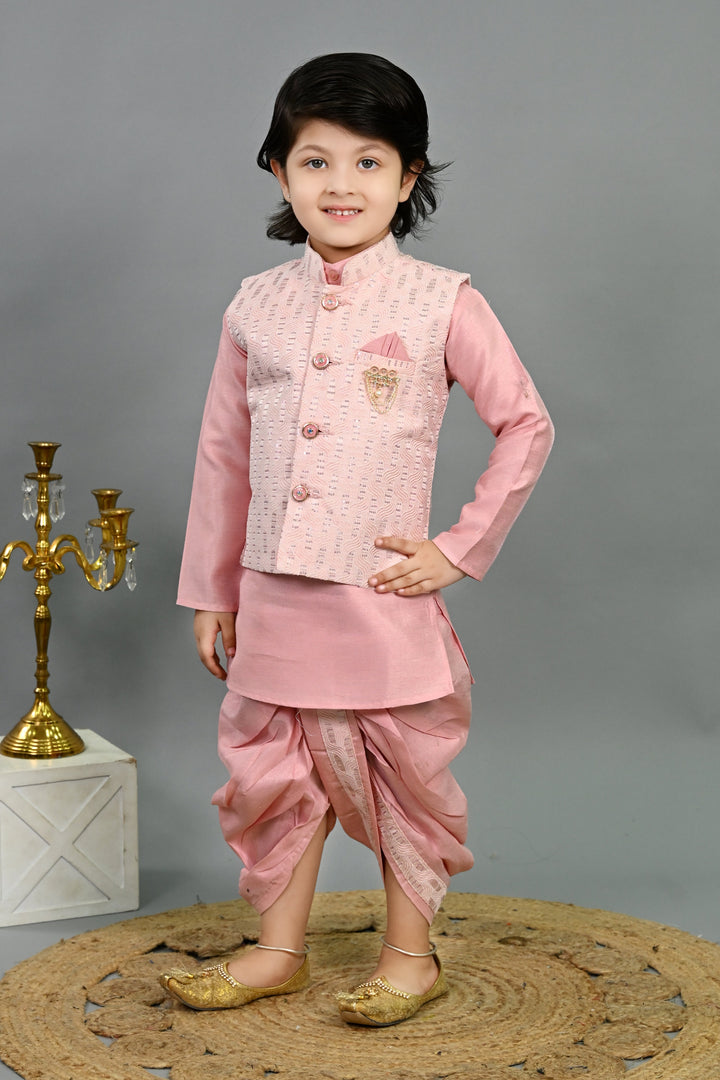Boys Cotton Silk Sequins Embellished Wavy Motifs Kurta & Dhoti Set with Waistcoat - Pink | SHOBITAM