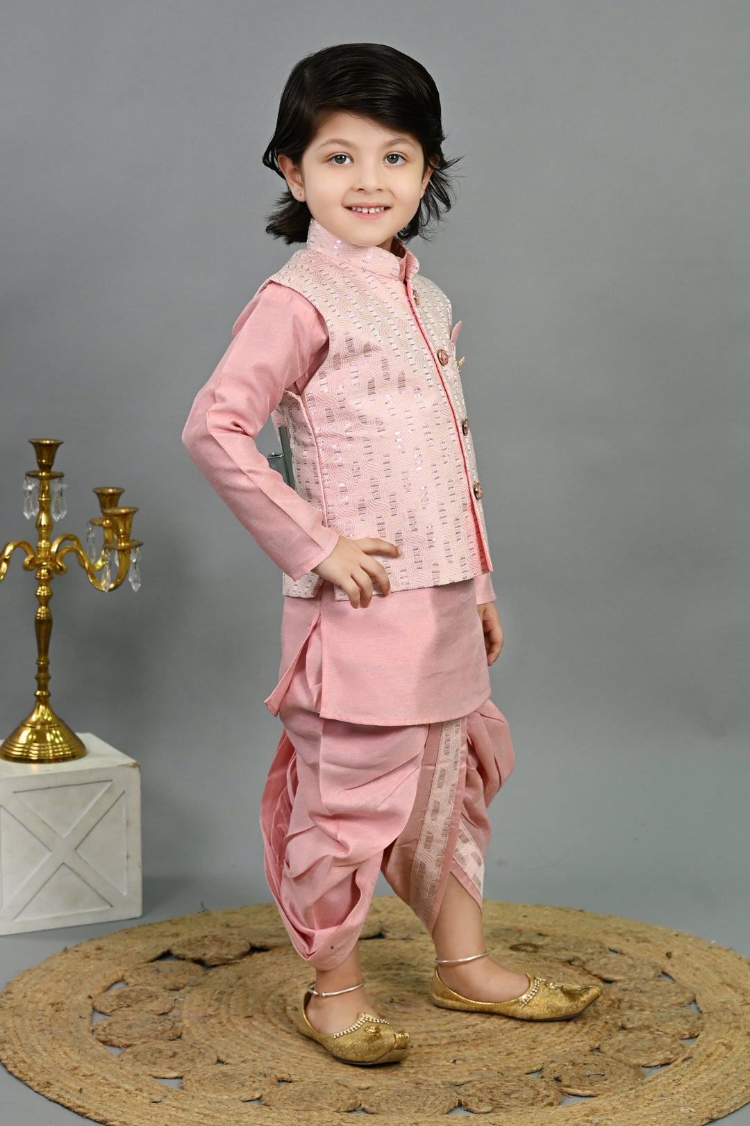 Boys Cotton Silk Sequins Embellished Wavy Motifs Kurta & Dhoti Set with Waistcoat - Pink | SHOBITAM