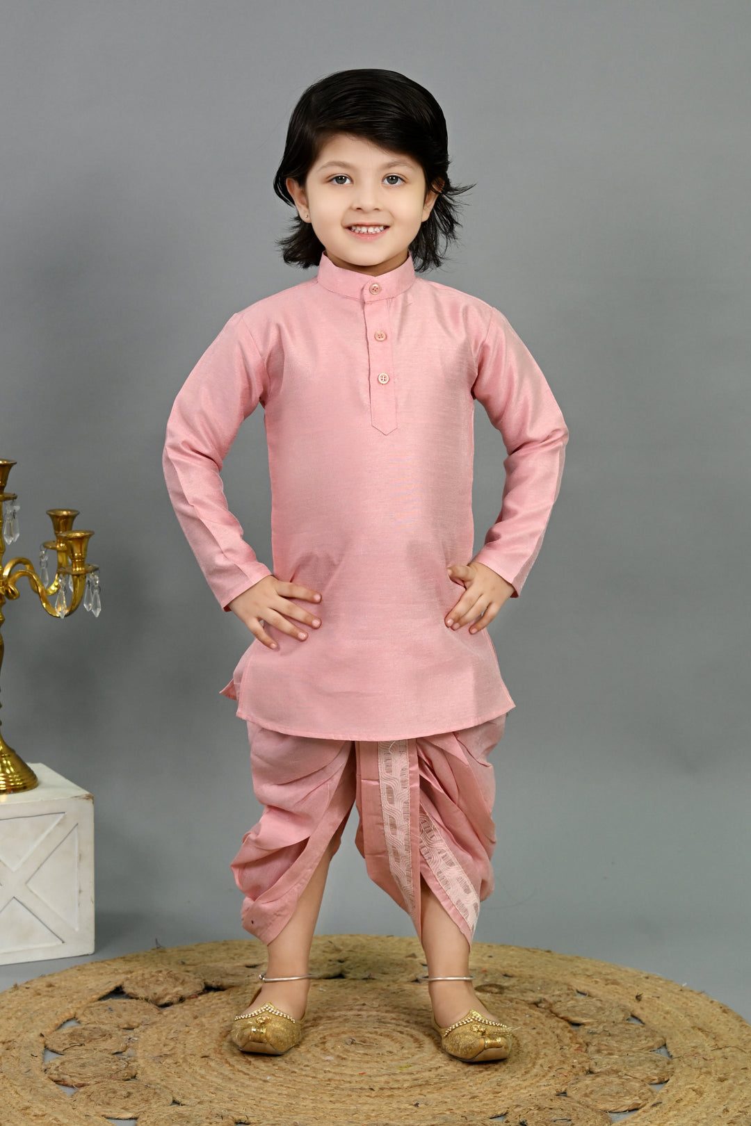 Boys Cotton Silk Sequins Embellished Wavy Motifs Kurta & Dhoti Set with Waistcoat - Pink | SHOBITAM